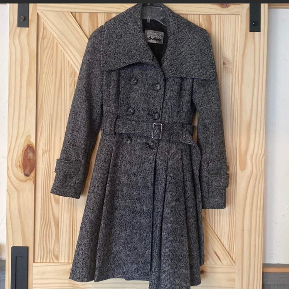 Guess LA black and white checked peacoat